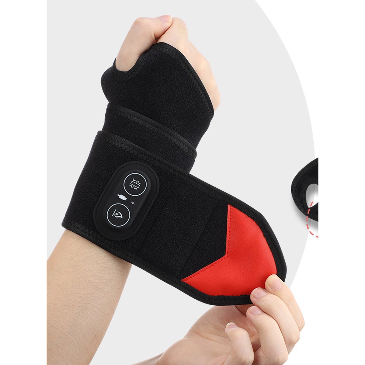 Hand with the thumb through the wrap's thumb hole, the strap wrapped around the wrist
